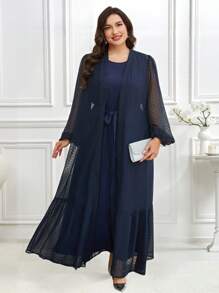 Veilorie Plus Size Solid Sleeveless Tie Waist Robe And Polka Dot Mesh Robe Arabic Outfit