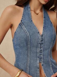 Poéselle Blusa de mezclilla casual de mujer con cuello halter y abotonadura sencilla