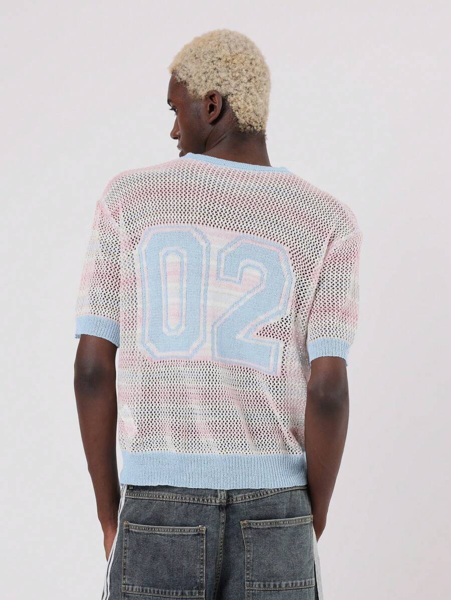 SUMWON 开放式针织网眼大学队号码毛衣短袖夏季轻便运动上衣街头服饰都市时尚休闲学院风 - 彩色 - 查看 1