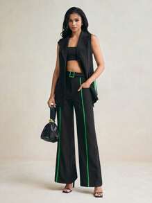 Floral Designer High Waist Color Block Black Wide-Leg Pants - Black - View 5