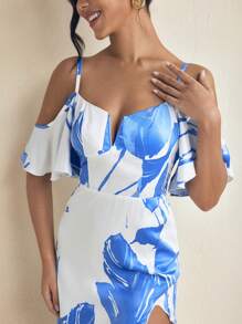 Eva Novielli Vestido largo con escote en V, hombros caídos y abertura, de satén con estampado de verano en azul y blanco, elegante vestido primavera-verano para vacaciones, fiestas, bodas y graduaciones - Azul - Ver 2