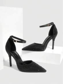 CUCCOO SZL Damskie seksowne szpilki ze szpiczastym noskiem, zdobione kryształkami, zapinane na klamrę na pasku i na wysokim obcasie - Czarne - Zobacz 8