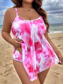 Swim Lushoire 2pcs Plus Size Women Color Tie Dye Random Print Adjustable Spaghetti Strap Mesh Overlay & High Waist Swimwear, Sexy & Elegant Beach Holiday Tankini Set