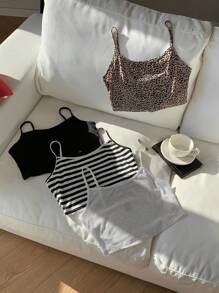 4 piezas Parte superior tipo camiseta de mujer con estampado de rayas, estampado de leopardo y sólido para verano y playa - Multicolor - Ver 5
