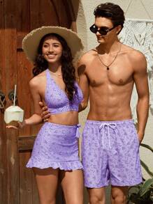 Manfinity VDAYZ Pantalones cortos de playa de cintura con cordón con estampado floral diminuto para novio, estilo hawaiano