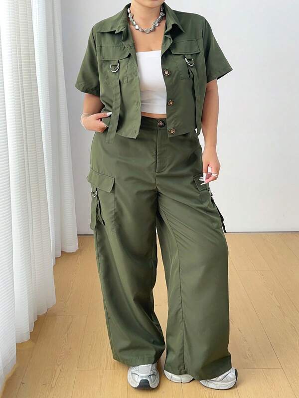 POPSWAY Conjunto informal de 2 piezas de camisa de utilidad y pantalones con cordones, talla grande