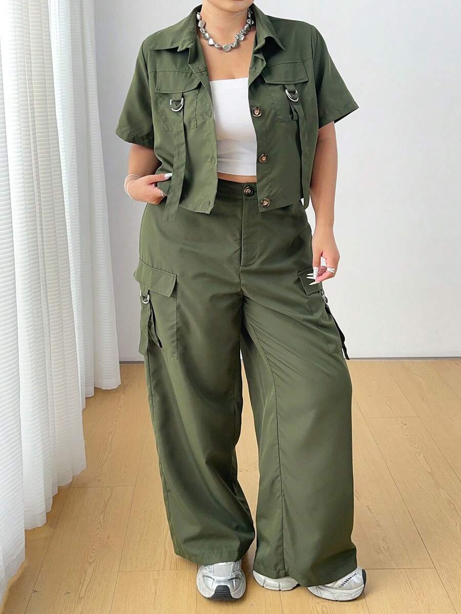 POPSWAY Conjunto informal de 2 piezas de camisa de utilidad y pantalones con cordones, talla grande