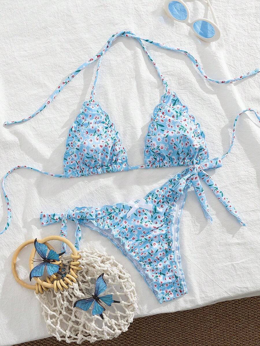 SHEIN Women Spring Break Floral Print Ruffled Spaghetti Strap Bikini Top With Tie Side Bottoms, 2 Pieces Swimwear Set, Casual Beach Vacation Outfit - Multicolor - View 1
