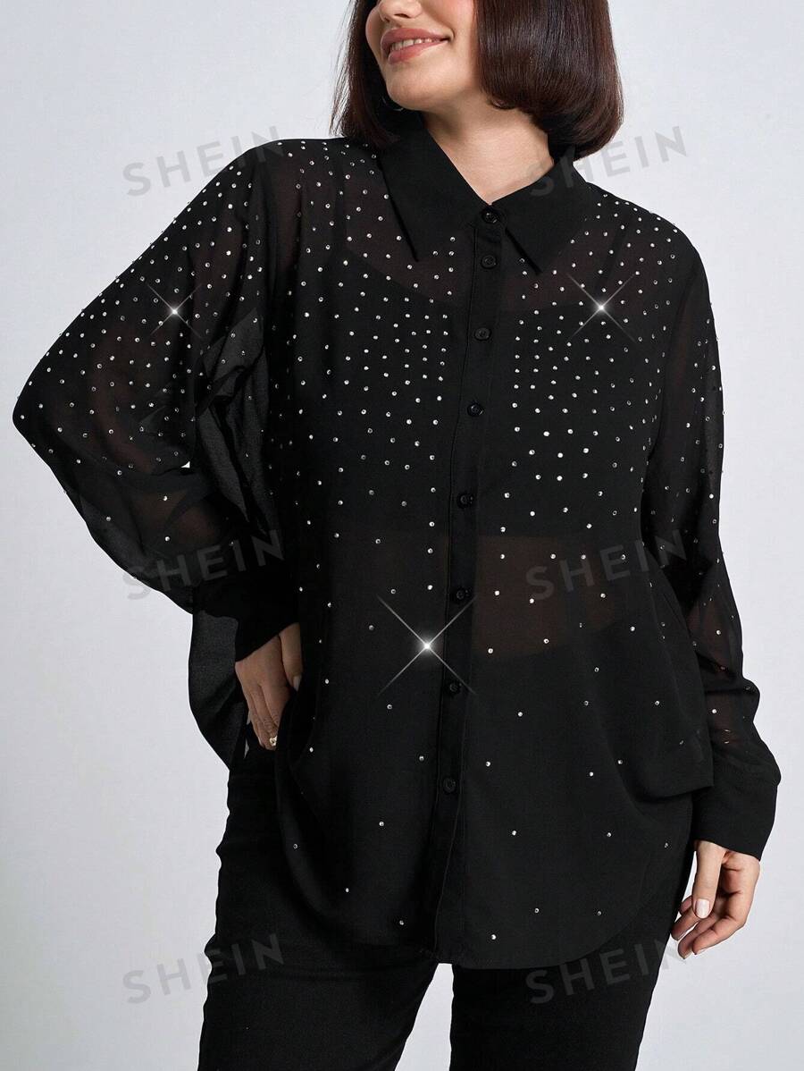 Chikora Blusa elegante de manga larga con decoración de rhinestones y malla, informal para negocios, talla grande para mujer