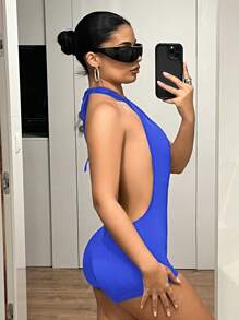 SHEIN ICON Cross Strap Deep V-Neck Tight Jumpsuit - Royal Blue - View 6