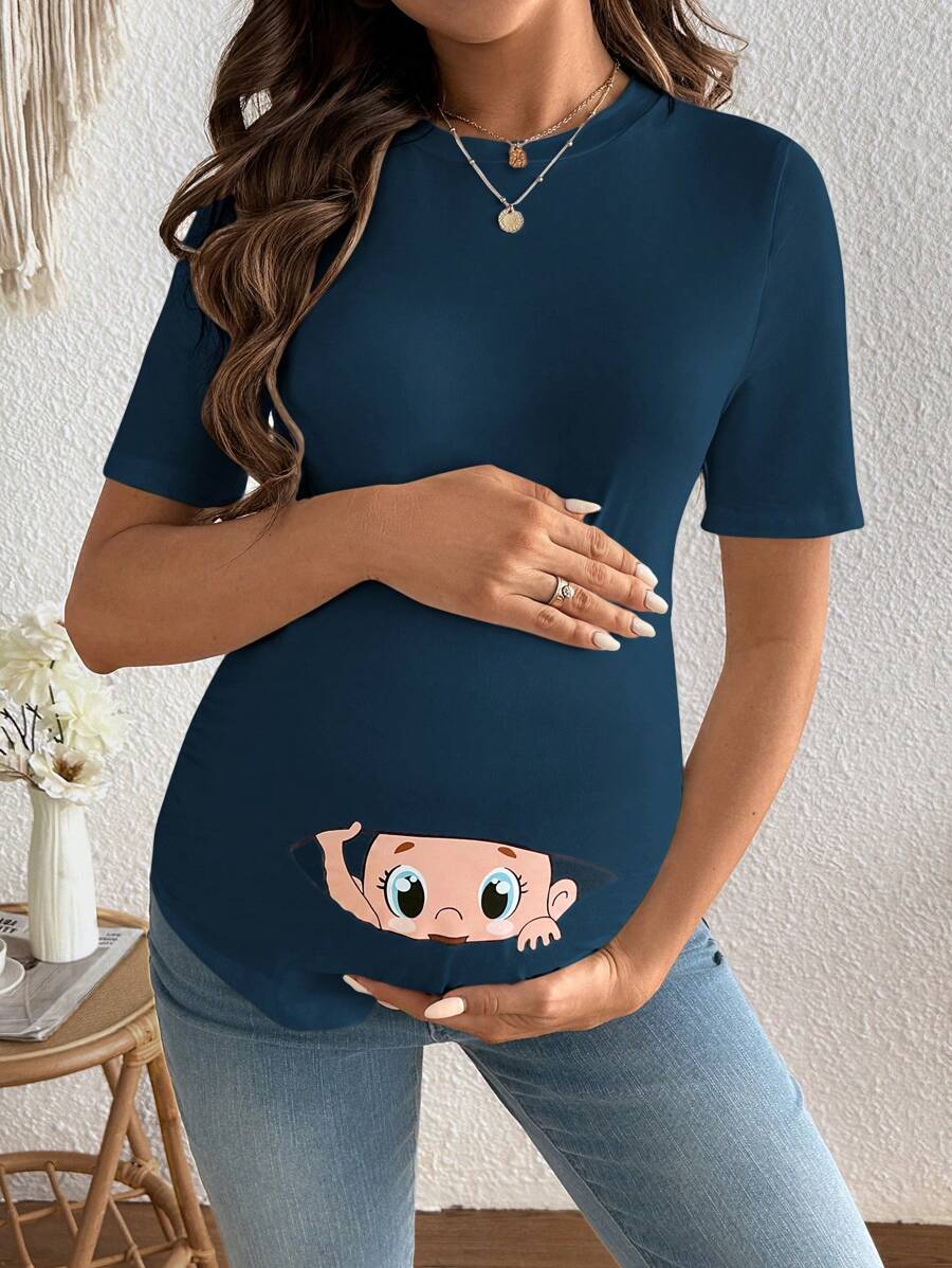 SHEIN Maternity Casual Cartoon Print Short Sleeve T-Shirt, Summer - Navy Blue - View 1