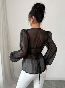 Elenzga Women's Black Sheer Long Sleeve Thin Elegant Simple Jacket - Black - View 2