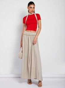 COSMINA 女士优雅卡其色褶皱办公/通勤裙，春夏 - 卡其色 - 查看 3