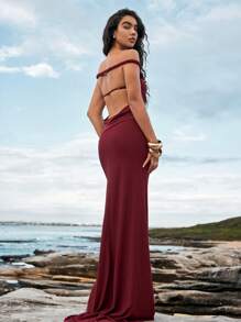 Aloruh 女士性感优雅扭纹露背修身长款酒红色拖尾连衣裙夏季女装度假装 - 酒紅色 - 查看 1
