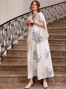 Al Najma 优雅植物印花开衩袖夏季连衣裙，朴素的长袍 - 紅色 - 查看 5