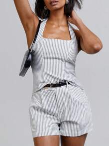 Athîral Women Backless Halterneck Striped Tank Top, Old Money Aesthetic