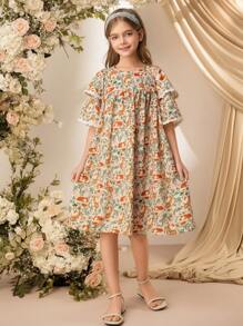 Tween Girls Sweet Animal & Ditsy Floral Double Ruffle Sleeve Flared Dress - Multicolor - View 6
