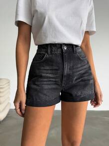RueChic Summer Casual Washed Fringed Hem Denim Shorts - Black - View 4