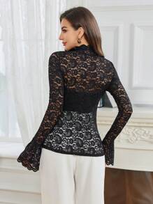 Modelyn Women's Solid Color Stand Collar Long Sleeve Lace Trim Casual Sheer Blouse