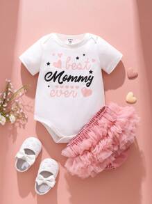 SHEIN Newborn Infant 0-9m Mother's Day Outfit - Cute Slogan "Best Mommy Ever" Bodysuit, Tutu Skirt, Mesh Skirt Set, Suitable For Newborn Daily Wear, Mother's Day, Birthday Party, Photo Shoot, Outdoor Activities, Spring/Summer - Dusty Pink - View 2