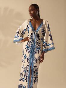 CAJUNI 女式波西米亚风格热带蓝色花卉印花灯笼袖 V 领露背连衣裙，度假休闲 - 彩色 - 查看 2