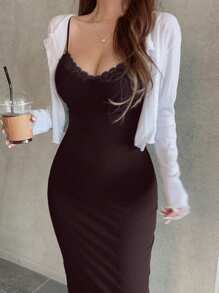 DAZY Vestido elegante de tirantes largos con ajuste ceñido y encaje de contraste de unicolor, ropa de vuelta al colegio para mujer