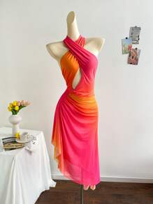 Soleia 浪漫镂空中长款挂脖式度假连衣裙 - 粉色 - 查看 3