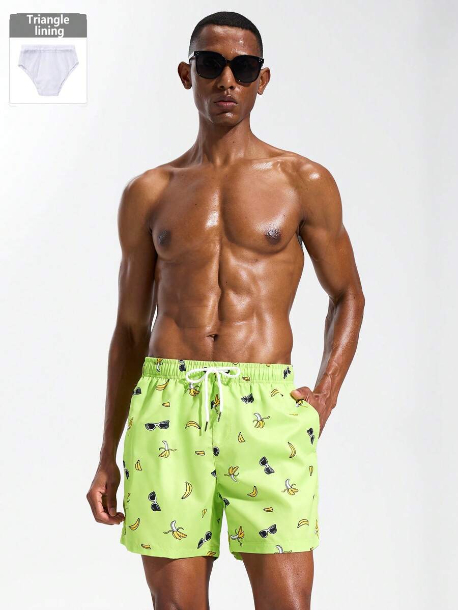 Surfspeed Men's Eyeglasses Print Drawstring Waist Beach Shorts - Green - View 1