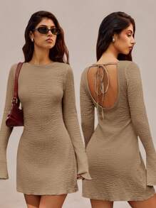 SHEIN Forever 21 休闲女装/夏装/连衣裙海滩/夏装/茶会礼服/海滩度假装/杏色纹理吊带迷你 A 形摆连衣裙 - 棕色 - 查看 5