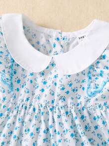 SHEIN 新生儿荷叶边领和短袖可爱 A 字形蓝色碎花连衣裙，夏季 - 藍色 - 查看 4