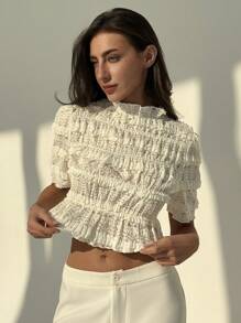 Aloruh 全新时尚蕾丝边褶皱修身女式上衣 - 米色 - 查看 6