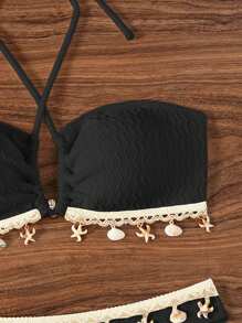 Swim Mod Women's Summer Holiday Beach White Floral Shell Pattern Fashion Spaghetti Strap Bikini - Black - View 5