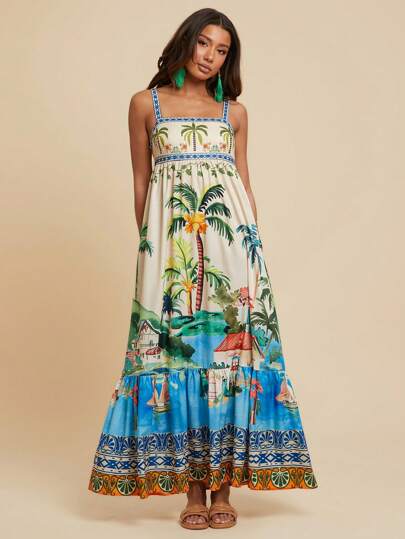 Travachic 女士假日热带印花荷叶边下摆细肩带长裙、女士夏季服装、女士沙滩装、女士西部装、女士演唱会服装、波西米亚风、热带度假、女士波西米亚风连衣裙、女士热带连衣裙、女士连衣裙、新款度假女士连衣裙、女士度假服装