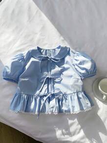 Comfortcana Women's Summer Front Tie, Ruffle Hem, Puff Sleeve Blouse
