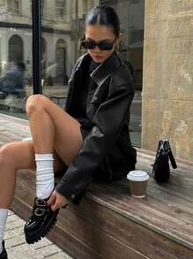 DAZY 女士街头风格 PU 皮夹克，宽松长袖翻领