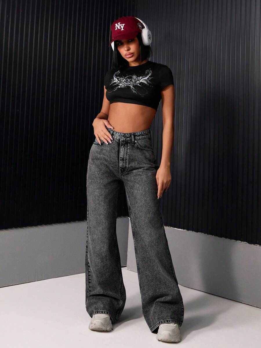 EURMUSE 女式纯色休闲百搭口袋阔腿牛仔裤 - 灰色 - 查看 1