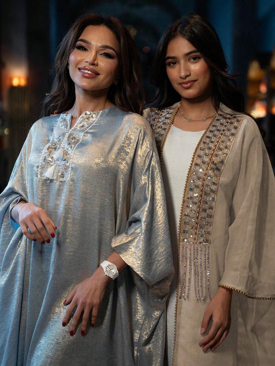 Al Najma 优雅迷人的珍珠刺绣女士两件套服装，朴素的长袍 - 卡其色 - 查看 1