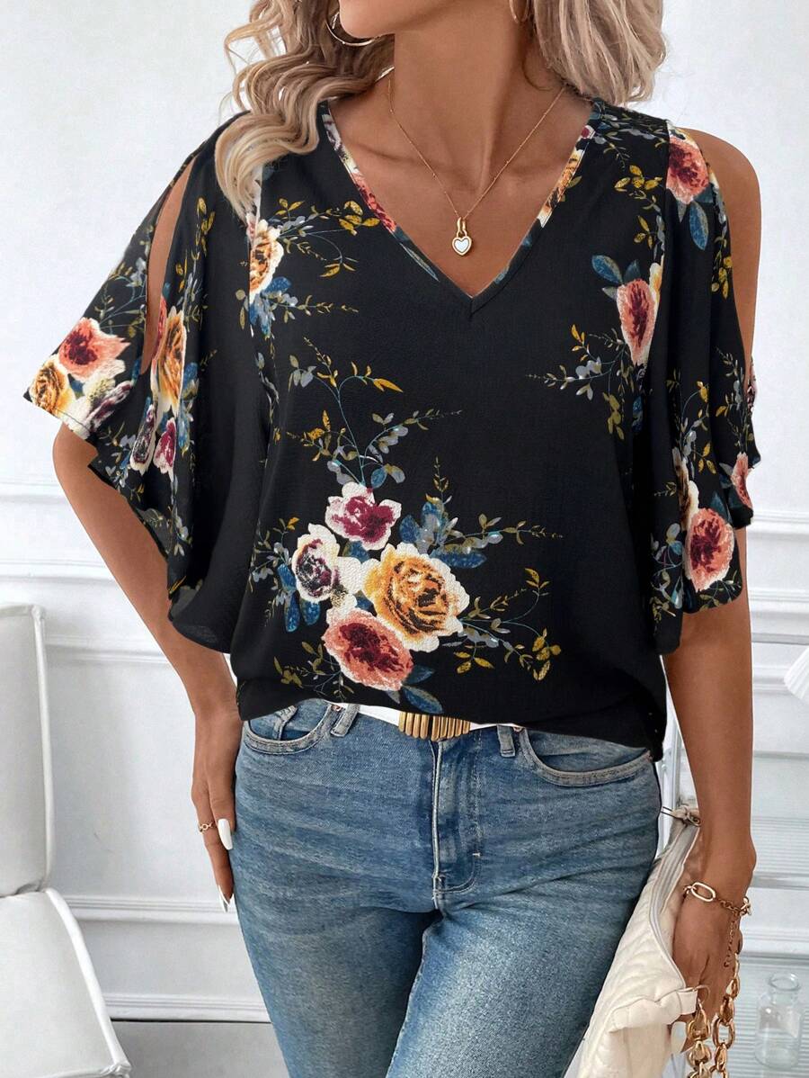 SHEIN Clasi Women V-Neck Floral Print Ruffle Sleeve Slit Front Blouse - Black - View 1
