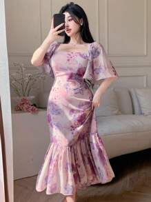 DAZY 情人节雪纺印花方领荷叶边中长连衣裙，女士碎花吊带裙，返校季服装，度假装扮 - 淡紫色 - 查看 9