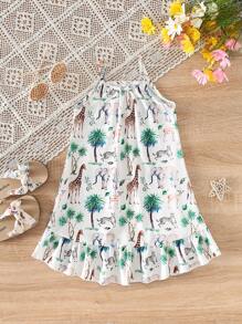 女童无袖 A 字短款花卉印花休闲吊带背心连衣裙，夏季 - 綠色 - 查看 6