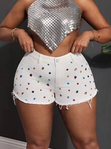Slaydiva Plus Size Women Bling Rhinestone Decor White Denim Skinny Super Shorts Women Short Jeans Women Shorts Jeans Woman Summer For Women Shorts Club For Women Plus Size Women Jorts Summer Y2k White Shorts Club Women Sexy Concert Women Denim Shorts - Beige - View 3