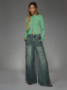 MISSGUIDED Ribbed Crop Button-Front Top Long Sleeve Striped Casual Y2K Basic Slim Fit Spring Summer Fashion Essential - Green - View 5