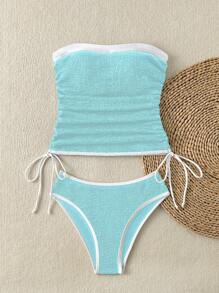 Swim Mod Black & White Contrast Crinkled Fabric Elegant Ruffled Side Drawstring Strapless Women's Tank Top & Bikini Set For Summer Beach Vacation - Baby Blue - View 6
