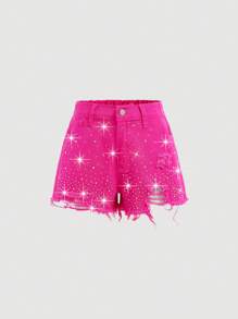 SHEIN Girlism 少女春夏假期时尚水钻闪亮装饰亮粉色高腰牛仔短裤，毛边设计，时尚休闲牛仔短裤，适合海滩、波西米亚风假日音乐会、锐舞派对等场合 - 玫紅色 - 查看 2