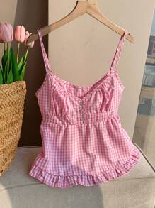 Comfortcana Große Größen Sommer rosa kariertes Camisole-Top mit Volant-Saum