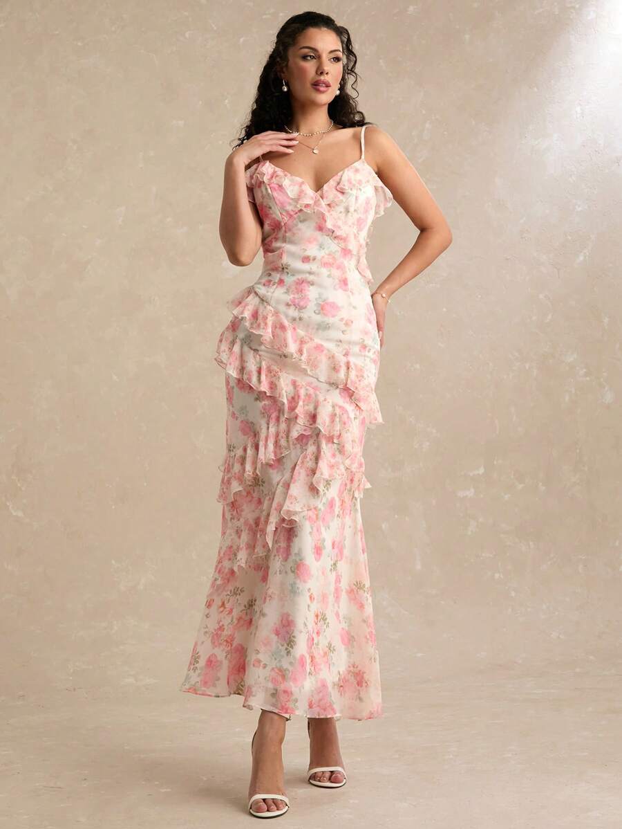 Enchnt Đầm hai dây họa tiết hoa cho nữ viền bèo nhún viền đuôi cá thanh lịch - Màu be - Xem 1