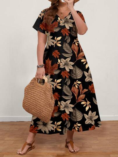 EMERY ROSE 大码女式休闲 V 领短袖长裙，适合夏季