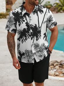 Manfinity RSRT Plus Size Men Coconut Tree Print Short Sleeve Shirt And Shorts Set - Black - View 5