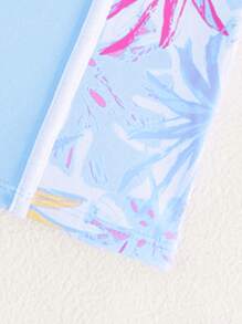 Tween Girls' Tropical Plant Print Tankini Swimsuit With Shorts - Baby Blue - View 4