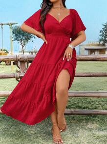 Breezaya Plus Size Solid Color Sweetheart Collar Long Casual Vacation Dress - Red - View 6